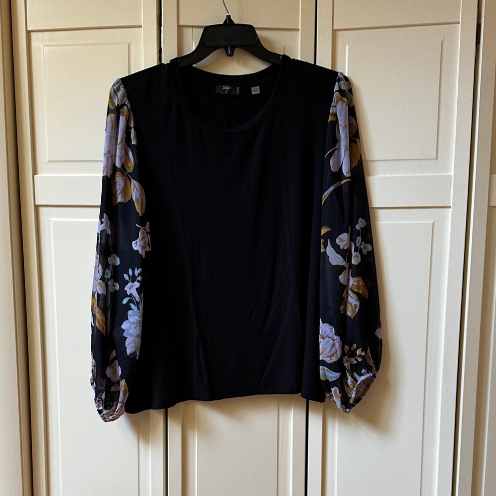 Tahari Women Black Top with Floral Sleeves